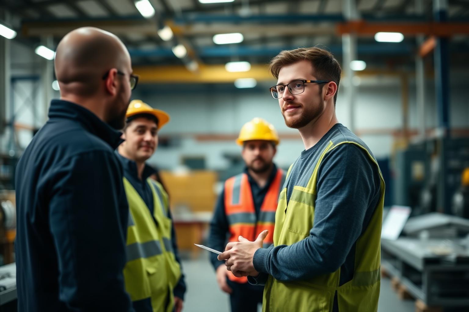 Young leader briefing a team on the manufacturing floor