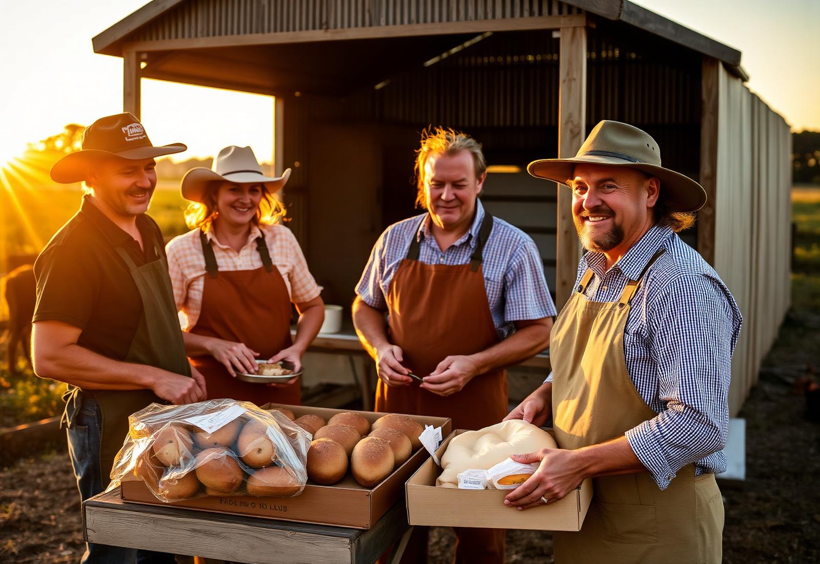 Farmers, bakers and suppliers gathered on an Australian farm at sunset