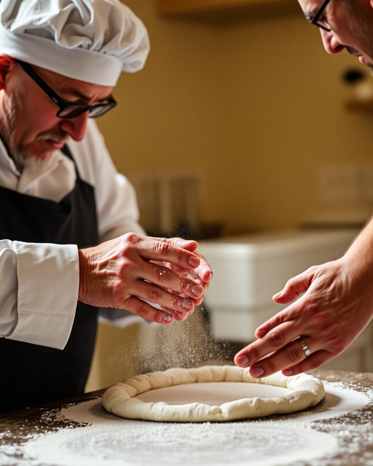 Master baker showing technique to apprentice