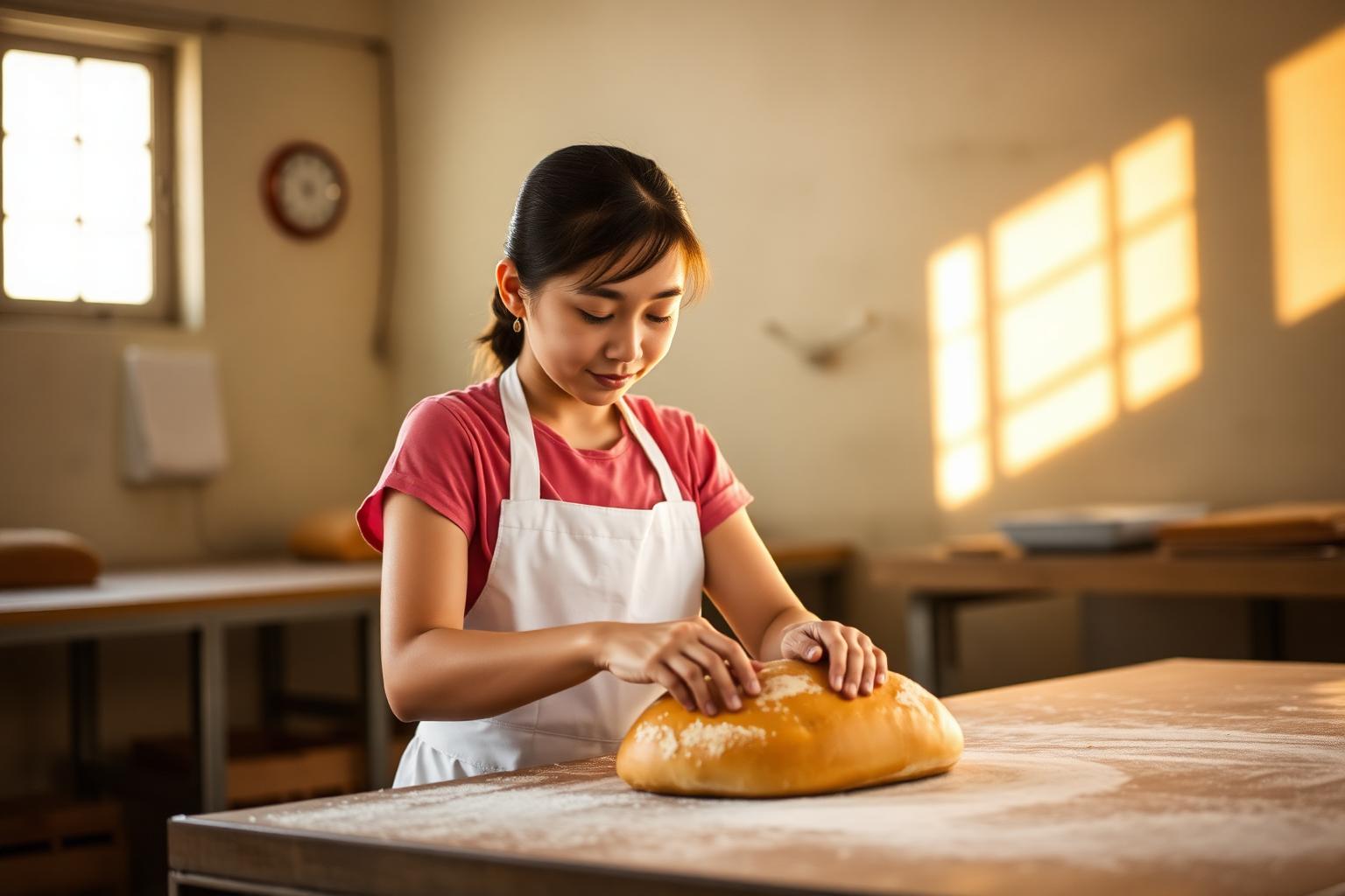 Young baking student shaping bread in a Vietnamese training kitchen