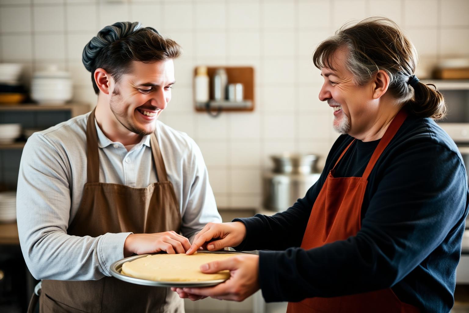 Apprentice baker learning from a senior mentor