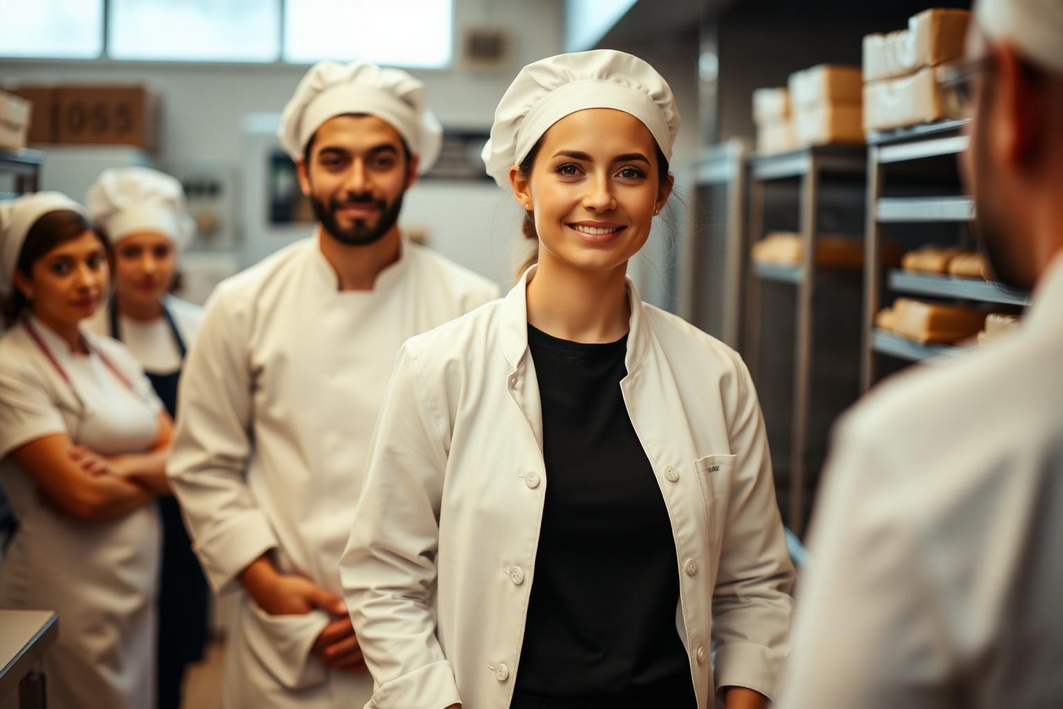 Young leader confidently standing with her team in a bakery