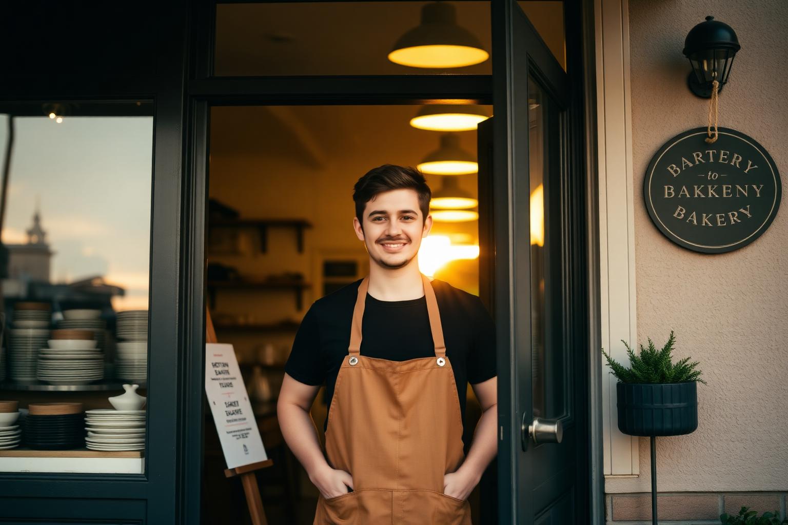 Young entrepreneur baker standing in the doorway of their bakery at sunrise