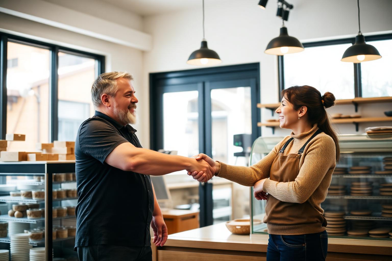 Two business partners shaking hands in a bright modern bakery