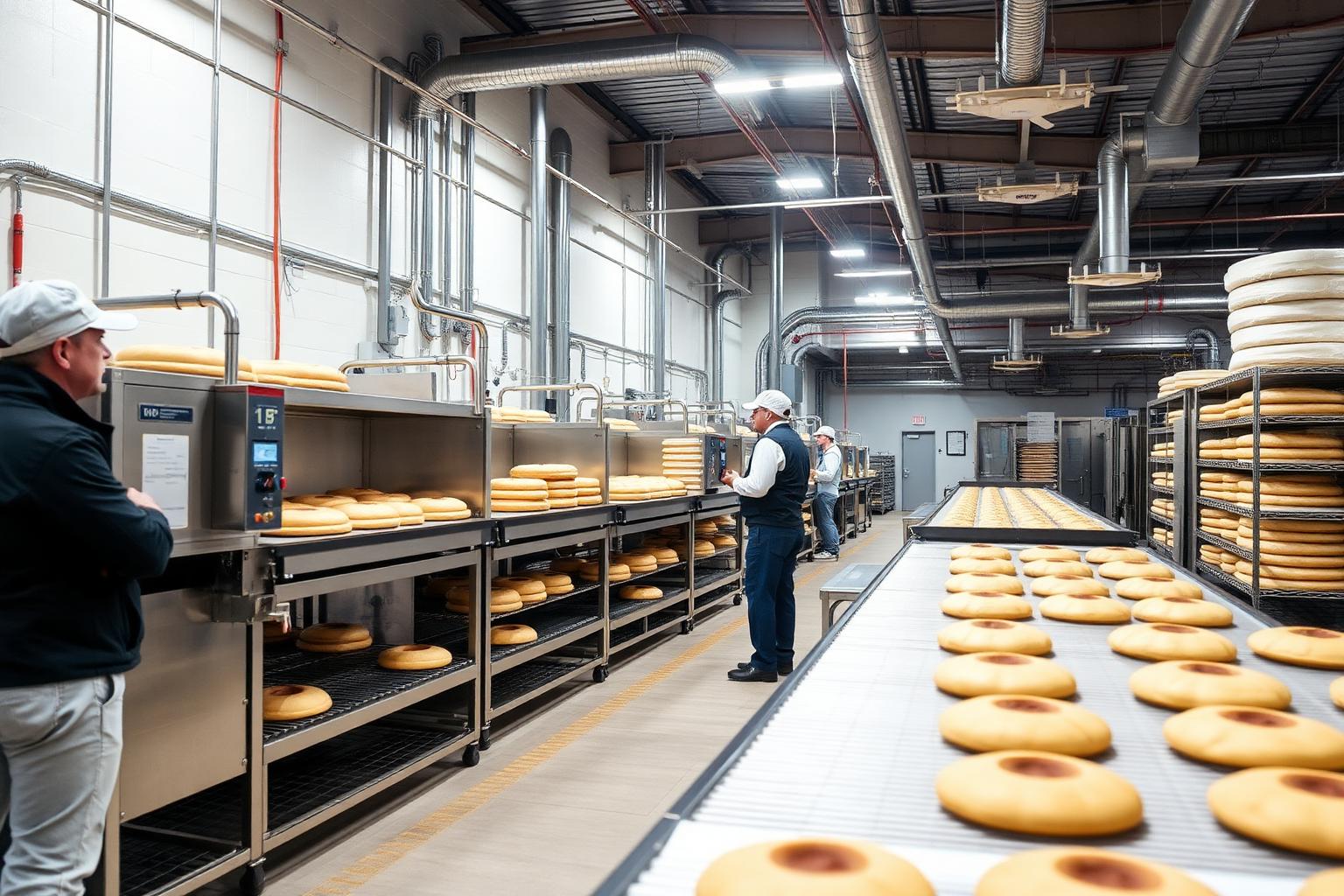 Bakery manufacturing facility with central production line