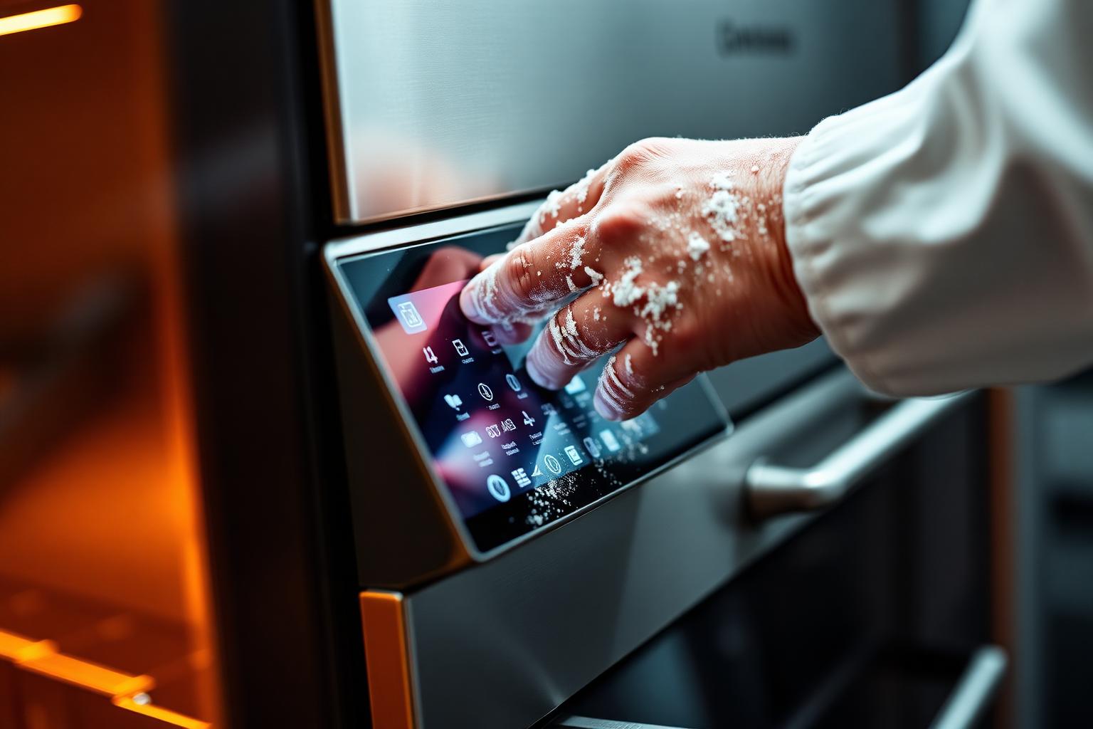 Flour-dusted hand on a modern oven control panel