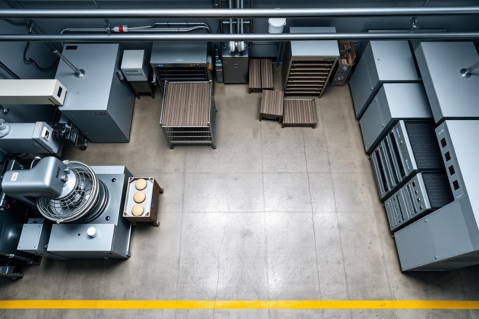 Overhead view of a precisely organised bakery production floor